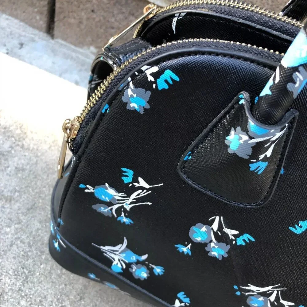 Faux Leather Purse Shoulder Top Handle Bowling Bag Black Floral 3 Compartment​​ - Picture 4 of 16